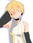  1boy bare_shoulders bass_clef black_sleeves blonde_hair closed_eyes closed_mouth clothing_cutout d_futagosaikyou detached_sleeves facing_viewer furrowed_brow hand_up headphones high_collar kagamine_len kagamine_len_(append) male_focus pendant_choker rubbing_eyes shadow shirt sleeveless sleeveless_shirt solo stomach_cutout upper_body vocaloid vocaloid_append white_background white_shirt 
