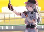  1girl backlighting bangs baseball baseball_bat baseball_helmet baseball_jersey baseball_stadium baseball_uniform belt belt_buckle black_gloves black_shirt blonde_hair blurry blurry_background buckle buttons chiba_lotte_marines closed_mouth evening eyebrows_visible_through_hair fud gloves hair_between_eyes hand_on_own_arm hands_up helmet highres holding holding_baseball_bat long_hair looking_away nippon_professional_baseball orange_sky outstretched_arm pants pink_belt pink_eyes pink_gloves playing_sports red_headwear saijou_claudine shiny shiny_hair shirt short_sleeves shoujo_kageki_revue_starlight sidelocks sky solo sportswear standing sweat sweatband tied_shirt two-tone_gloves undershirt upper_body v-shaped_eyebrows wavy_hair white_pants white_shirt wristband 