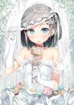  1girl :p bare_shoulders black_hair blue_eyes blush bridal_veil cake candy cream cream_on_face dress elbow_gloves food food_on_face fork gloves hair_ornament hentai_ouji_to_warawanai_neko. highres holding holding_fork kantoku looking_at_viewer off-shoulder_dress off_shoulder one_side_up short_hair solo sweets tongue tongue_out tsutsukakushi_tsukiko veil wedding_dress white_dress white_gloves 