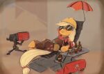  2021 anonymous_artist applejack_(mlp) armor beer_bottle blonde_hair bottle chair cosplay digital_media_(artwork) engineer_(team_fortress_2) eyewear female feral friendship_is_magic furniture goggles hair hard_hat headgear helmet hi_res lying my_little_pony sentry_gun_(team_fortress_2) simple_background smile solo team_fortress_2 valve video_games 