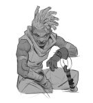  1boy arcane:_league_of_legends bangs bare_shoulders closed_mouth cropped_legs ekko_(league_of_legends) facial_mark firelight_ekko gloves grey_background greyscale highres league_of_legends male_focus monochrome nukain_(napsskai) pants shirt sideways_glance simple_background solo 