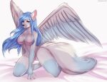  2019 4_fingers anthro areola blue_body blue_fur blue_hair breasts canid canine digital_media_(artwork) eyelashes feathered_wings feathers female fingers fluffy fluffy_tail fur genitals grey_body grey_fur hair kneeling krysalynekitsune long_hair looking_at_viewer mammal nipples nude pink_areola pink_eyes pink_inner_ear pink_nipples pussy shaded solo wings zetsuboucchi 
