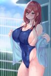  1girl absurdres blue_eyes blue_jacket blue_sky blue_swimsuit blush breasts brown_hair cleavage collarbone competition_swimsuit covered_navel eyebrows_visible_through_hair fence go-toubun_no_hanayome hair_between_eyes highres jacket large_breasts long_hair looking_at_viewer micosiva nakano_miku one-piece_swimsuit open_clothes open_jacket open_mouth outdoors removing_jacket sky solo swimsuit wet wet_clothes wet_hair wet_swimsuit 