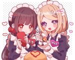  2girls :d akamatsu_kaede alternate_costume ameko53133 bangs black_dress blush_stickers brown_hair closed_mouth danganronpa_(series) danganronpa_v3:_killing_harmony dress enmaided grey_apron hair_ornament harukawa_maki heart highres holding juliet_sleeves ketchup_bottle long_sleeves maid maid_headdress mole mole_under_eye multiple_girls musical_note_hair_ornament open_mouth pink_eyes puffy_sleeves red_eyes shiny shiny_hair smile translation_request 