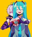  2girls aqua_hair aqua_necktie arm_warmers arms_around_back asymmetrical_sleeves bandaged_arm bandages bare_shoulders behind_another black_sleeves commentary facing_viewer fingerless_gloves flower_(vocaloid) gloves grey_shirt hair_ornament half-closed_eyes hatsune_miku heart heart_hands highres jacket kanji kazuse616 long_hair looking_at_viewer multiple_girls necktie purple_eyes purple_hair purple_jacket purple_nails shirt short_hair single_arm_warmer single_glove sleeveless sleeveless_jacket sleeveless_shirt translated twintails v_flower_(vocaloid4) very_long_hair vocaloid white_hair yellow_background 