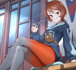  1girl arezu_(pokemon) crossed_legs diamond_clan_outfit grey_legwear hand_up highres holding holding_scissors long_sleeves looking_at_viewer multicolored_clothes multicolored_legwear pantyhose parted_lips pikapika pokemon pokemon_(game) pokemon_legends:_arceus pouch red_eyes red_hair red_legwear scissors short_hair sitting smile solo thighs 
