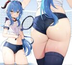  1girl :o ahoge ass ass_focus blue_buruma blue_hair blush bow breasts buruma chintora0201 curled_horns ganyu_(genshin_impact) genshin_impact goat_horns gym_uniform highres holding holding_racket horns long_hair lower_body midriff multiple_views navel open_mouth purple_bow racket shirt short_sleeves small_breasts stomach tennis_net tennis_racket thighhighs thighs tied_shirt wet wet_clothes wet_shirt white_shirt yellow_eyes 