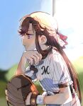  1girl absurdres backlighting ball bangs baseball baseball_jersey baseball_mitt baseball_uniform belt black_shirt blue_sky blurry blurry_background bow brown_hair buttons chiba_lotte_marines day eyebrows_visible_through_hair from_side fud hair_bow hair_ornament half_updo hand_on_own_chin hand_up highres holding holding_ball leaning_forward light_blush long_hair looking_away nippon_professional_baseball outdoors pants parted_lips pink_belt pink_bow playing_sports profile purple_eyes shiny shiny_hair shirt short_sleeves shoujo_kageki_revue_starlight sidelocks sky solo sportswear standing sweat sweatband tendou_maya tied_shirt undershirt upper_body v-shaped_eyebrows white_pants white_shirt wristband x_hair_ornament 
