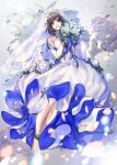  1girl bouquet brown_hair dress earrings eu_(euspia) floral_background flower high_heels jewelry jung_hayan_(regressor&#039;s_instruction_manual) petals regressor&#039;s_instruction_manual short_hair smile solo veil wedding_dress 