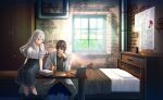  1boy 1girl bed black_hair couple desk game_cg hakuchuumu_no_aojashin kaito_(hakuchuumu_no_aojashin) labcoat long_hair non-web_source on_desk shimofuri sitting sitting_on_desk very_long_hair white_hair writing yonagi_(hakuchuumu_no_aojashin) 