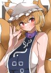  1girl absurdres animal_ears bangs blonde_hair blue_tabard blush breasts brooch eyebrows_visible_through_hair fox_ears fox_tail frilled_hat frills hair_between_eyes hat highres jewelry kitsune large_breasts light_smile looking_at_viewer multiple_tails pillow_hat regua short_hair sleeveless solo tabard tail touhou upper_body white_headwear yakumo_ran 