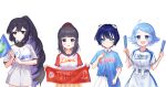  4girls :d absurdres ahoge aqua_eyes baseball_uniform black_hair blue_eyes blue_hair blue_shirt blush character_request earrings flag hair_ornament hairclip heart heart_earrings highres jewelry long_hair makino_kouai mikadera multiple_girls ponytail saitama_seibu_lions shirt short_hair short_sleeves skirt smile sportswear station_memories sweatdrop very_long_hair white_shirt 