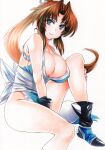  1girl absurdres bangs bare_shoulders breasts brown_hair cleavage closed_mouth commentary_request covered_nipples eyebrows_visible_through_hair fatal_fury highres japanese_clothes knee_up large_breasts lips long_hair looking_at_viewer parted_bangs ponytail revealing_clothes rope rozarin shiny shiny_hair shiny_skin shiranui_mai simple_background sitting sleeveless smile the_king_of_fighters thighs traditional_media 