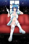  1girl blue_dress blue_eyes blue_hair boots breasts cleavage commentary_request couch crossed_legs dress full_body gloves hair_ornament hair_rings hair_stick kaku_seiga kiseru knee_boots large_breasts looking_at_viewer pipe shawl sitting smile solo tasuro_kuzuha touhou touhou_tag_dream white_footwear white_gloves wrestling_outfit 