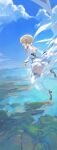  1girl :d absurdres bangs bare_back blonde_hair blue_sky boots breasts cloud day detached_sleeves dress from_side full_body genshin_impact gloves hair_ornament high_heel_boots high_heels highres long_hair long_sleeves looking_away lumine_(genshin_impact) medium_breasts midair modare ocean off_shoulder partially_fingerless_gloves profile short_hair_with_long_locks sky smile solo thighhighs thighs twintails white_dress white_footwear white_legwear 