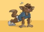  anthro blue_clothing blue_shirt blue_topwear bodily_fluids briefs brown_body brown_fur canid canine canis clothing domestic_dog eyes_closed footwear fur hi_res male mammal matt_riskely pushups shadow shirt simple_background socks solo sweat t-shirt tighty_whities tinydeerguy tongue tongue_out topwear underwear white_briefs white_clothing white_footwear white_socks white_underwear yellow_background 
