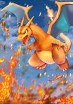  absurdres blue_eyes breathing_fire charizard claws cloud commentary_request day fangs fire flame-tipped_tail highres looking_down no_humans open_mouth outdoors pokemon pokemon_(creature) sky solo sorusolne110 tongue 