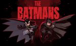  2boys absurdres airborne batman batman_(series) belt black_bodysuit black_cape black_footwear bodysuit boots bruce_wayne cape chibi clenched_hand copyright_name dc_comics frown grey_bodysuit highres looking_at_viewer male_focus multiple_boys namesake open_hand rariatto_(ganguri) red_eyes superhero the_batman_(2022) the_batman_(cartoon) utility_belt yellow_belt 