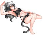  1girl animal_ears arknights arm_up armpits bangs bare_arms bare_legs bare_shoulders barefoot black_shorts blush breasts cat_ears cat_tail chinese_commentary cleavage commentary_request crop_top grey_hair hair_between_eyes highres long_hair looking_at_viewer medium_breasts midriff navel neti_(cpu11151) nose_blush open_mouth ponytail schwarz_(arknights) short_shorts shorts simple_background sleeveless solo stomach tail thighs white_background yellow_eyes 