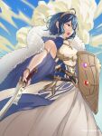  1girl ahoge alternate_costume blue_eyes blue_hair breasts detached_sleeves dress falchion_(fire_emblem) fire_emblem fire_emblem_awakening from_below highres morgan_(fire_emblem) morgan_(fire_emblem)_(female) open_mouth pomelomelon see-through shield short_hair small_breasts solo sword tiara weapon 