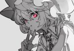  1girl brooch collared_shirt commentary eyebrows_behind_hair fingernails greyscale hair_between_eyes hand_up hat hat_ribbon jewelry looking_at_viewer mob_cap monochrome parted_lips portrait red_eyes remilia_scarlet ribbon sharp_fingernails shirt short_hair sideways_glance slit_pupils solo spot_color touhou uni_(bom19850101) upper_body w white_headwear 