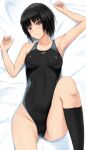  1girl amagami black_eyes black_hair black_legwear black_swimsuit breasts collarbone dakimakura_(medium) highleg highleg_swimsuit highres kneehighs looking_at_viewer lying nanasaki_ai short_hair small_breasts solo swimsuit ykh1028 