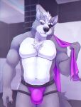  2022 anthro bedroom_eyes bulge canid canine canis chest_tuft clothing eye_patch eyewear fur grey_body grey_fur hi_res jockstrap locker_room looking_at_viewer male mammal mostly_nude narrowed_eyes nintendo pecs pinup pose seductive signature skaifox solo star_fox towel tuft underwear video_games wolf wolf_o&#039;donnell 
