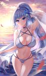  1girl ass_visible_through_thighs bangs bare_arms bare_shoulders bikini blue_eyes blue_flower blue_hair blunt_bangs blush breasts cleavage closed_mouth cloud cowboy_shot eyebrows_visible_through_hair flower hair_flower hair_ornament hibiscus high_ponytail highres large_breasts long_hair looking_at_viewer mayo_(miyusa) navel ocean original outdoors petals petticoat ponytail see-through smile solo stomach sunset swimsuit symbol-only_commentary thigh_gap thighs very_long_hair water white_bikini white_flower 