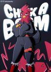  anthro avian big_breasts bird black_body black_feathers breasts chick-a-boom chicken chickira explosives feathers female galliform gallus_(genus) grenade hi_res looking_at_viewer nude palmarianfire phasianid red_body red_feathers sauce solo solo_focus standing weapon 