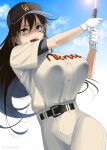  1girl baseball_bat baseball_cap baseball_uniform belt blue_sky breasts brown_eyes brown_hair commentary_request gloves hair_between_eyes hat highres large_breasts long_hair mattari_yufi momoe_maria ookiku_furikabutte open_mouth short_sleeves sky solo sportswear sunlight white_gloves 