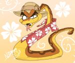  2022 aloha_shirt anthro brown_body brown_scales clothing dreamworks eyebrows feral flower_pattern hat headgear headwear hi_res looking_at_viewer male mr._snake_(the_bad_guys) nepptenio pattern_clothing pattern_shirt pattern_topwear red_clothing red_shirt red_topwear reptile scales scalie shirt signature simple_background snake snake_tongue solo sun_pattern the_bad_guys thick_eyebrows tongue tongue_out topwear warm_colors watermark 
