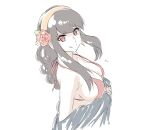 1girl bangs bare_shoulders bikini black_hair blush breasts cleavage closed_mouth earrings hair_ornament hairband highres jewelry large_breasts long_hair looking_at_viewer mitsugu red_eyes red_swimsuit sidelocks simple_background smile solo spy_x_family swimsuit upper_body white_background yor_briar 
