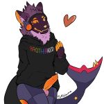  &lt;3 anthro balls biscus claws clothing erection fluffy_uzume fur genitals hi_res hoodie looking_at_viewer machine male orange_penis penis pink_body pink_fur protogen purple_body purple_fur rainbow_text robotic_tail shark_tail smile solo submissive submissive_male text text_on_clothing topwear visor 