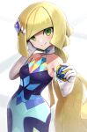  1girl beast_ball blonde_hair gonzarez green_eyes hair_over_one_eye highres holding holding_poke_ball long_hair lusamine_(pokemon) official_alternate_costume poke_ball pokemon pokemon_(game) pokemon_masters_ex pokemon_sm simple_background solo very_long_hair white_background 