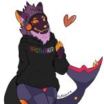  &lt;3 anthro biscus claws clothing fluffy_uzume fur hi_res hoodie looking_at_viewer machine male pink_body pink_fur protogen purple_body purple_fur rainbow_text robotic_tail shark_tail smile solo submissive submissive_male text text_on_clothing topwear visor 