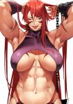  1girl abs absurdres armpits arms_behind_head arms_up bangs bare_arms bare_shoulders biceps black_pants blonde_hair body_markings breasts collarbone covered_nipples facepaint fuuma_kotarou_(tenkaichi) gradient_hair halter_top halterneck highres large_breasts long_hair looking_at_viewer multicolored_hair muscular muscular_female navel open_mouth pants red_eyes red_hair revealing_clothes smile solo tenkaichi_nihon_saikyou_bugeisha_ketteisen toned tongue tongue_out underboob yoshio_(55level) 