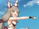 1girl animal_ear_fluff animal_ears arm_up armpits bangs bare_arms bare_shoulders blue_sky blunt_bangs blush breasts brown_eyes brown_hair cat_ears chest_jewel cleavage day dress eyebrows_visible_through_hair fang gloves green322 hair_ribbon highres long_hair low_twintails nia_(blade)_(xenoblade) nia_(xenoblade) open_mouth outdoors outstretched_arm pointing pointing_forward red_ribbon ribbon skin_fang sky sleeveless sleeveless_dress small_breasts solo twintails v-shaped_eyebrows very_long_hair white_dress white_gloves xenoblade_chronicles_(series) xenoblade_chronicles_2 