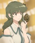  1girl bangs bare_shoulders bitten blurry blurry_background blush chocolate_doughnut closed_mouth collared_shirt commentary_request crumbs detached_sleeves doughnut eating eyebrows_visible_through_hair food food_on_face frog_hair_ornament green_eyes green_hair hair_ornament hand_up highres holding holding_food kochiya_sanae long_hair muted_color shiratama_(hockey) shirt sidelocks sleeveless sleeveless_shirt smile smirk snake_hair_ornament solo touhou upper_body white_shirt wing_collar 