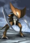  claws cloud cloudy_sky commentary_request grey_eyes highres kabutops no_humans outdoors pokemon pokemon_(creature) sky solo spikes standing tesshii_(riza4828) water 
