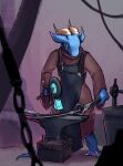  2021 anthro anvil apron blacksmith blacksmith_hammer blacksmith_tongs blacksmithing blue_body blue_scales brown_clothing brown_robe clothing digital_drawing_(artwork) digital_media_(artwork) green_eyes hammer hi_res horn lizard male melee_weapon muscular muscular_male reptile robe scales scalie siggymc solo solo_focus sword tongs tools weapon working 