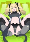  +_+ 1girl :d absurdres ass bangs bare_shoulders black_halter_top black_panties black_shorts blonde_hair boots bow breasts crop_top crosshair_pupils demon_tail drill_hair giant giant_ojou-sama giantess green_eyes hair_bow halterneck highleg highleg_panties highres jacket looking_at_viewer medium_breasts medium_hair micro_shorts midriff navel nikukaiq open_clothes open_jacket panties panties_under_shorts reclining shorts sitting smile solo spread_legs stella_(giant_ojou-sama) symbol-only_commentary tail thigh_strap thighs two_side_up underwear 