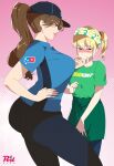  2girls blonde_hair brown_hair collared_shirt domino&#039;s_pizza employee_uniform grabbing_another&#039;s_chin hairband hand_on_another&#039;s_chin highres long_hair looking_away multiple_girls pants ponytail r3dfive shirt short_hair smile striped subway_(company) t-shirt uniform 