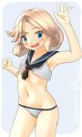  1girl bangs bikini black_neckerchief blonde_hair blue_eyes blue_sailor_collar breasts cowboy_shot grey_background groin janus_(kancolle) kantai_collection navel neckerchief one-hour_drawing_challenge open_mouth parted_bangs ray.s sailor_bikini sailor_collar short_hair small_breasts solo swimsuit white_bikini 