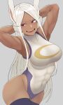  1girl :d abs animal_ears armpits arms_behind_head boku_no_hero_academia breasts covered_abs covered_navel dark-skinned_female dark_skin highres kobaji large_breasts leotard long_hair mirko muscular muscular_female purple_legwear purple_leotard rabbit_ears rabbit_girl red_eyes simple_background smile solo taut_leotard thighhighs two-tone_leotard white_hair white_leotard 