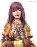  1girl bangs brown_capelet brown_dress capelet character_name chest_guard chinese_commentary closed_eyes commentary_request dress egnigem_cenia elvafirst english_commentary feet_out_of_frame floral_print gauntlets highres long_hair mixed-language_commentary open_mouth purple_hair ragnarok_online rose_print signature simple_background smile solo swordsman_(ragnarok_online) tearing_up white_background 