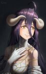  1girl absurdres ahoge albedo_(overlord) bangs bare_shoulders breasts cleavage closed_mouth commentary curled_horns demon_girl demon_horns dress elvafirst english_commentary eyebrows_visible_through_hair gloves hair_between_eyes hand_on_own_chest highres horns large_breasts long_hair looking_to_the_side overlord_(maruyama) portrait purple_hair signature smile solo upper_body white_dress white_gloves white_horns yellow_eyes 