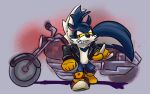  2021 anthro black_nose blue_body blue_fur clothing fluffy fluffy_tail footwear fur gloves grey_background half-closed_eyes handwear idw_publishing jacket male mammal mephitid motorcycle narrowed_eyes red_eyes rough_the_skunk seagull-scribbles sega shoes simple_background skunk smile solo sonic_the_hedgehog_(comics) sonic_the_hedgehog_(idw) sonic_the_hedgehog_(series) topwear vehicle yellow_sclera 