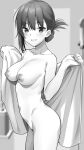  1girl :d absurdres areolae bangs blush breasts collarbone completely_nude cowboy_shot eyebrows_visible_through_hair eyelashes folded_ponytail greyscale grin groin hair_between_eyes heart highres holding holding_towel indoors looking_at_viewer medium_breasts monochrome navel nipples nude open_mouth original ponytail pubic_hair shampoo_bottle shiny shiny_skin short_hair shower_head smile solo standing stomach sweat teeth towel towel_around_waist tsukimoto_kizuki 