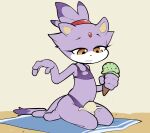  absurd_res anthro blaze_the_cat clothed clothing dessert domestic_cat felid feline felis female food forehead_gem hi_res ice_cream itsunknownanon mammal sega skimpy solo sonic_the_hedgehog_(series) swimwear towel yellow_eyes 