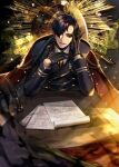  1boy black_hair cape cover cover_page eu_(euspia) face gloves lee_kiyoung_(regressor&#039;s_instruction_manual) official_art paper regressor&#039;s_instruction_manual sitting solo table uniform upper_body 